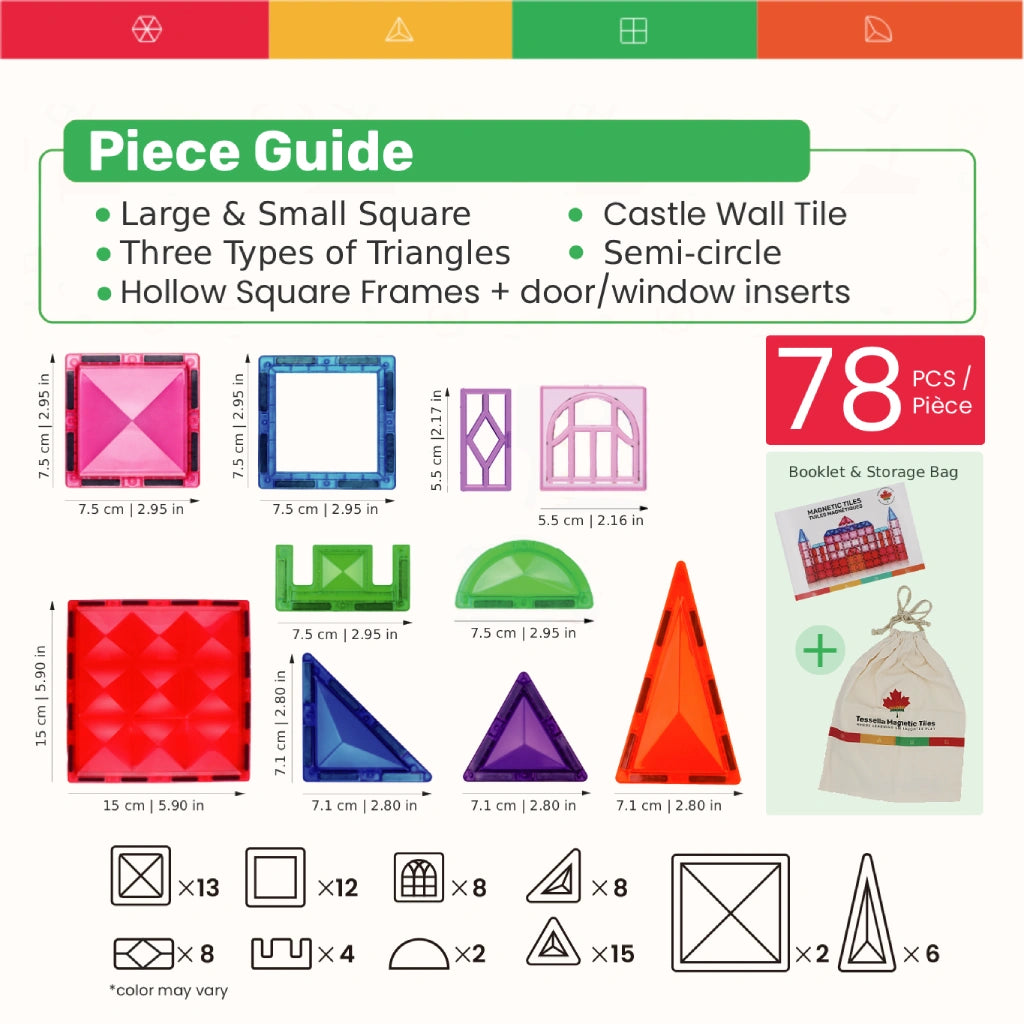 Piece guide of Tessella Explorer Set – 78 Piece Magnetic Tiles showing large and small squares, three types of triangles, castle wall tiles, semi-circles, hollow frames with door and window inserts, plus storage bag and booklet.