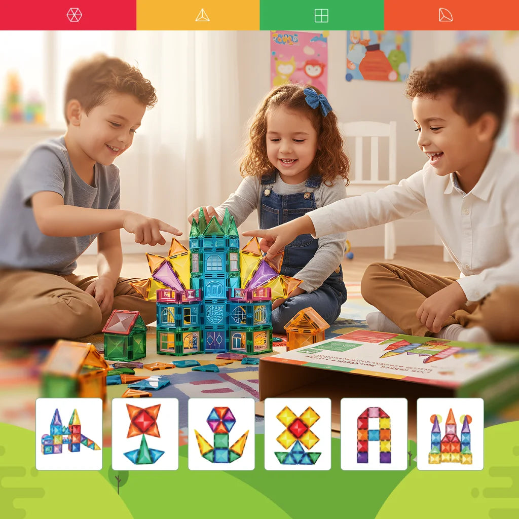 Children playing together with Tessella Magnetic Tiles, building colorful castle structures, STEM educational toy for kids ages 3+, compatible with Connetix, PicassoTiles, Magna-Tiles.