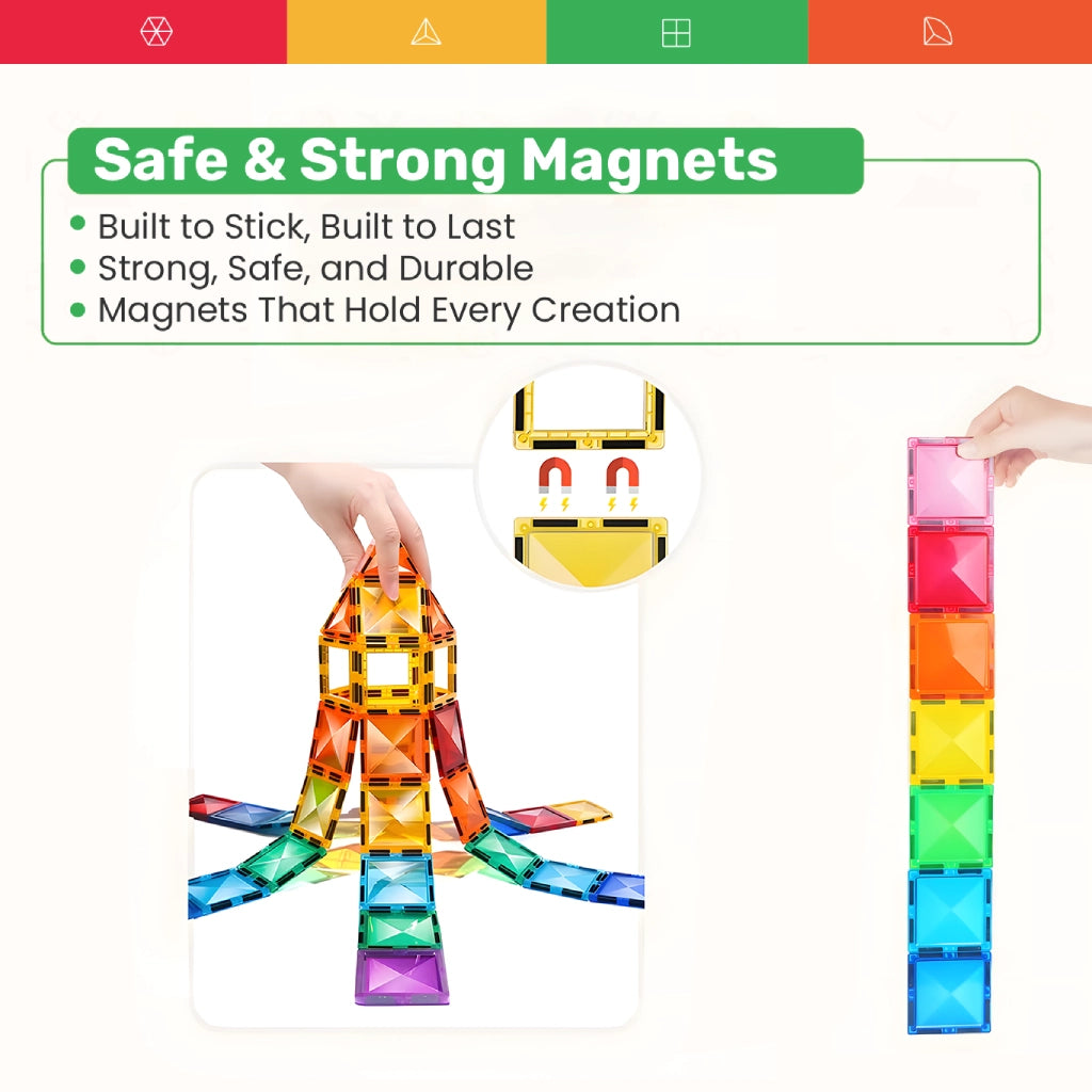 Safe and strong magnets in Tessella Magnetic Tiles – durable design that holds tall builds securely, STEM educational toy for kids ages 3+