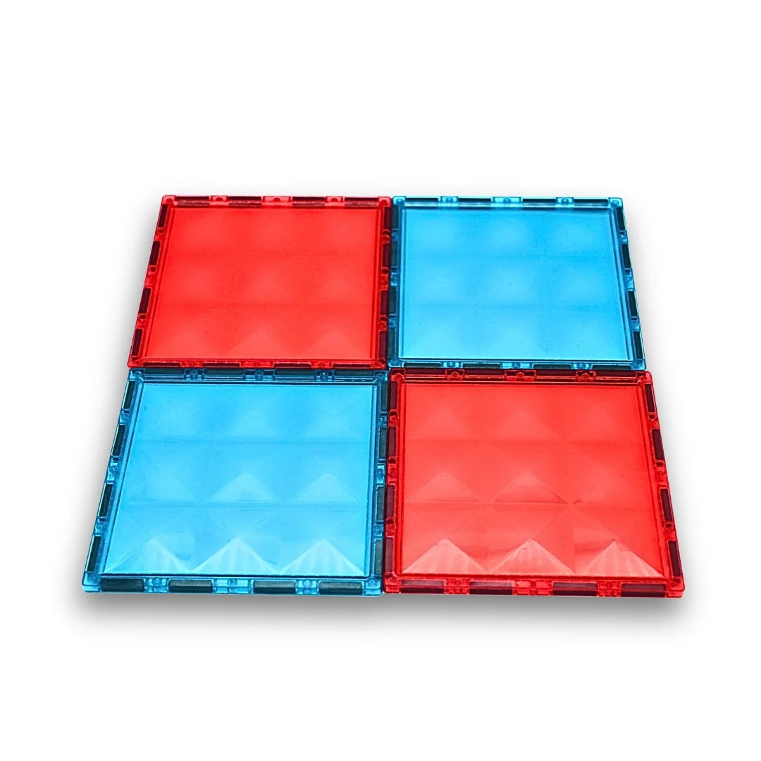 Tessella Large Magnetic Squares – 4 Pack with 2 red and 2 blue 15 cm tiles, big magnetic building blocks for kids, compatible with Connetix, PicassoTiles, and Magna-Tiles.