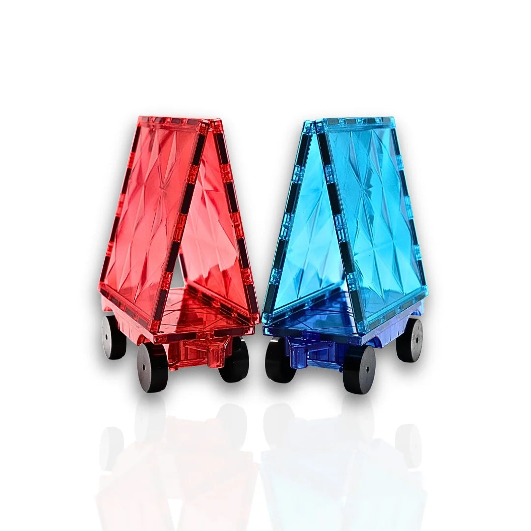 Tessella Large Magnetic Squares – 4 Pack (2 red + 2 blue 15 cm big tiles) shown in a creative car build with wheels. Strong, durable, and compatible with Connetix, PicassoTiles, and Magna-Tiles.
