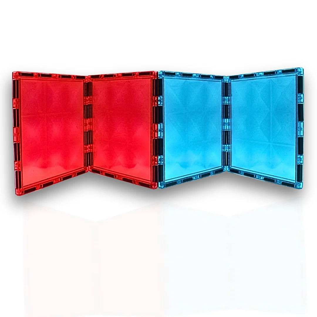 Side view of Tessella Large Magnetic Squares – 4 Pack with 2 red and 2 blue 15 cm big magnetic tiles, durable building blocks compatible with Connetix, PicassoTiles, and Magna-Tiles.