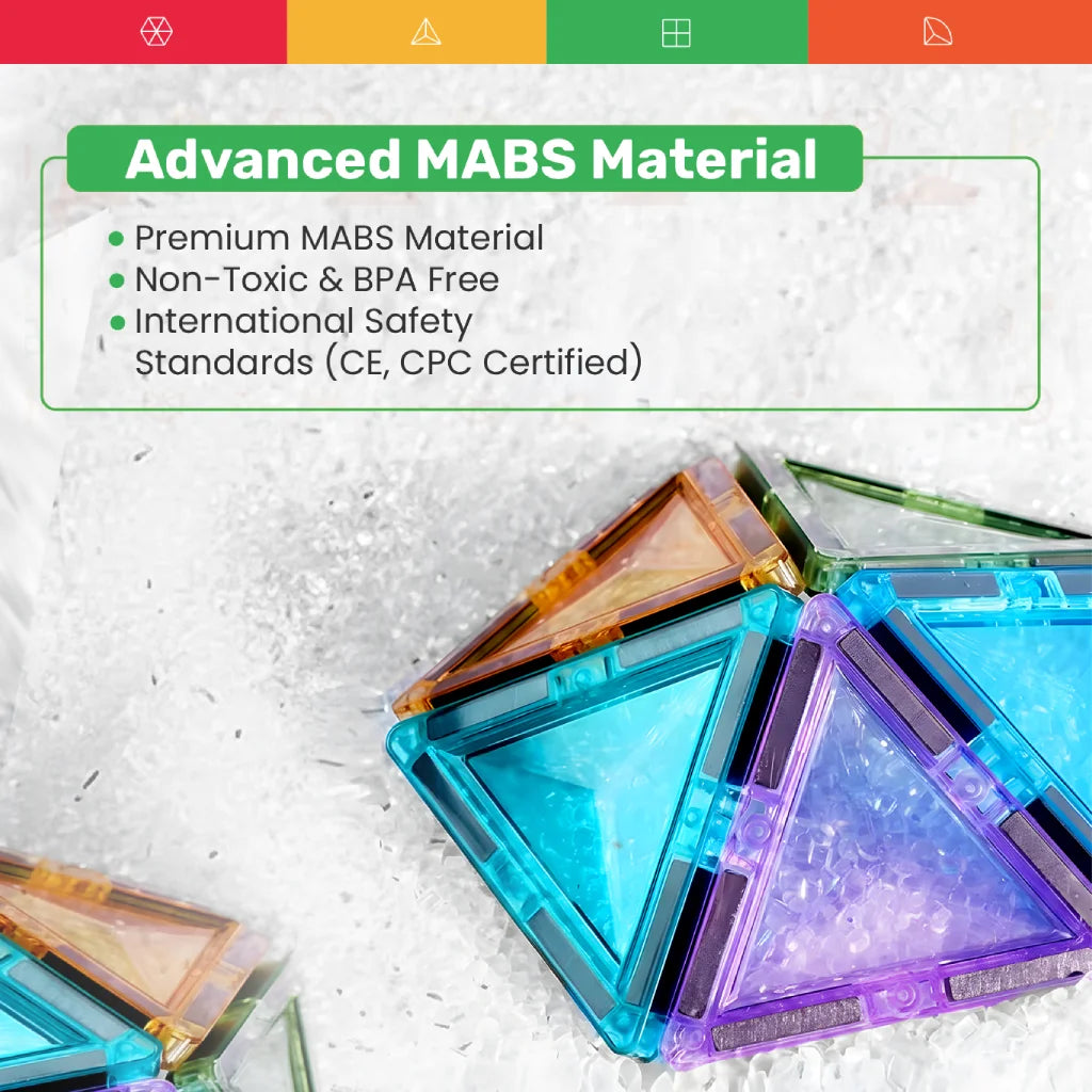 Advanced MABS material in Tessella Magnetic Tiles – BPA free, non-toxic, and CPC/CE certified for safe STEM building play.