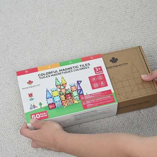 Unboxing video of Tessella Spark Set – 50 Piece Magnetic Tiles, colorful STEM educational building blocks for kids ages 3+, Canadian brand packaging.