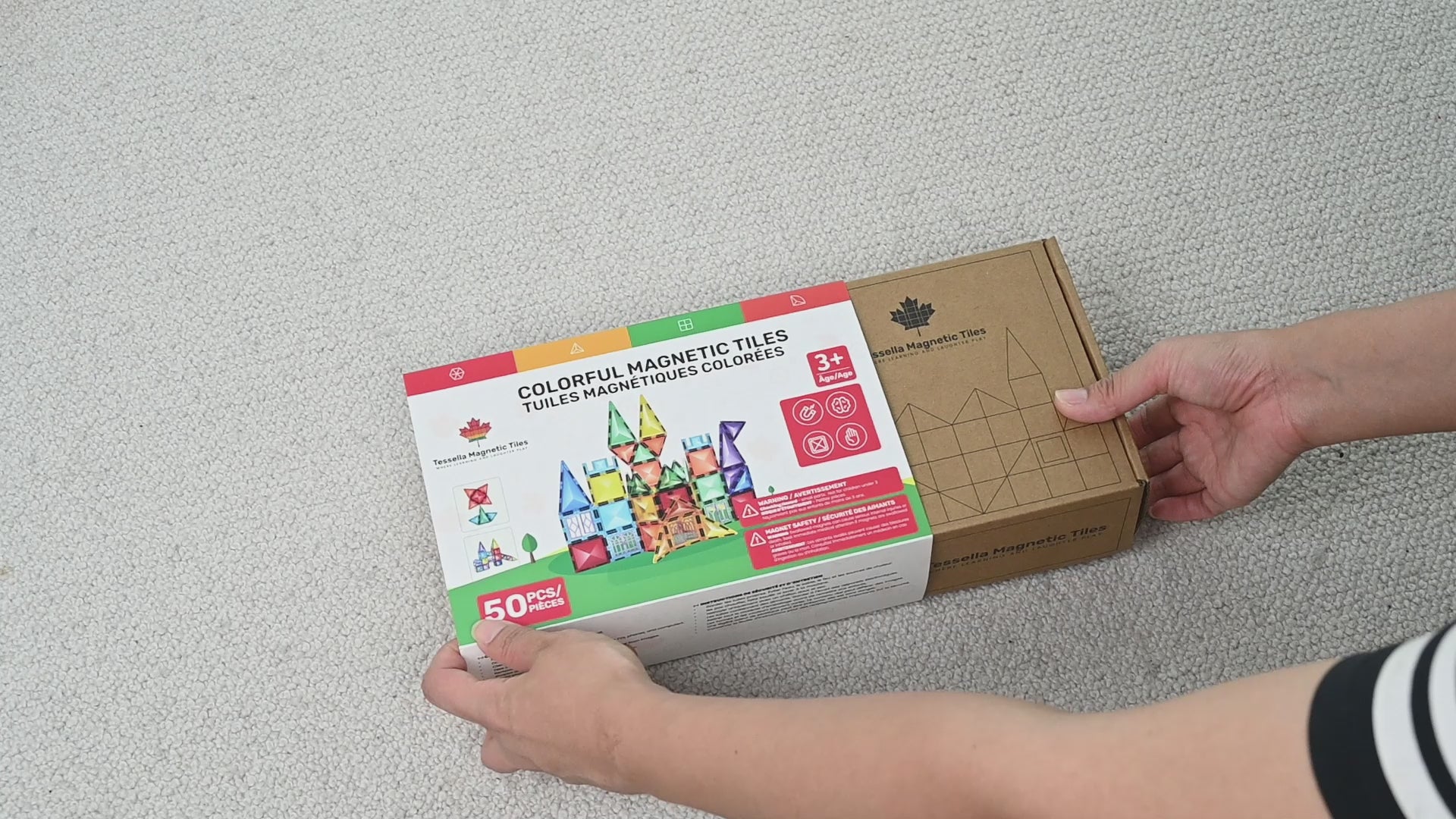 Unboxing video of Tessella Spark Set – 50 Piece Magnetic Tiles, colorful STEM educational building blocks for kids ages 3+, Canadian brand packaging.