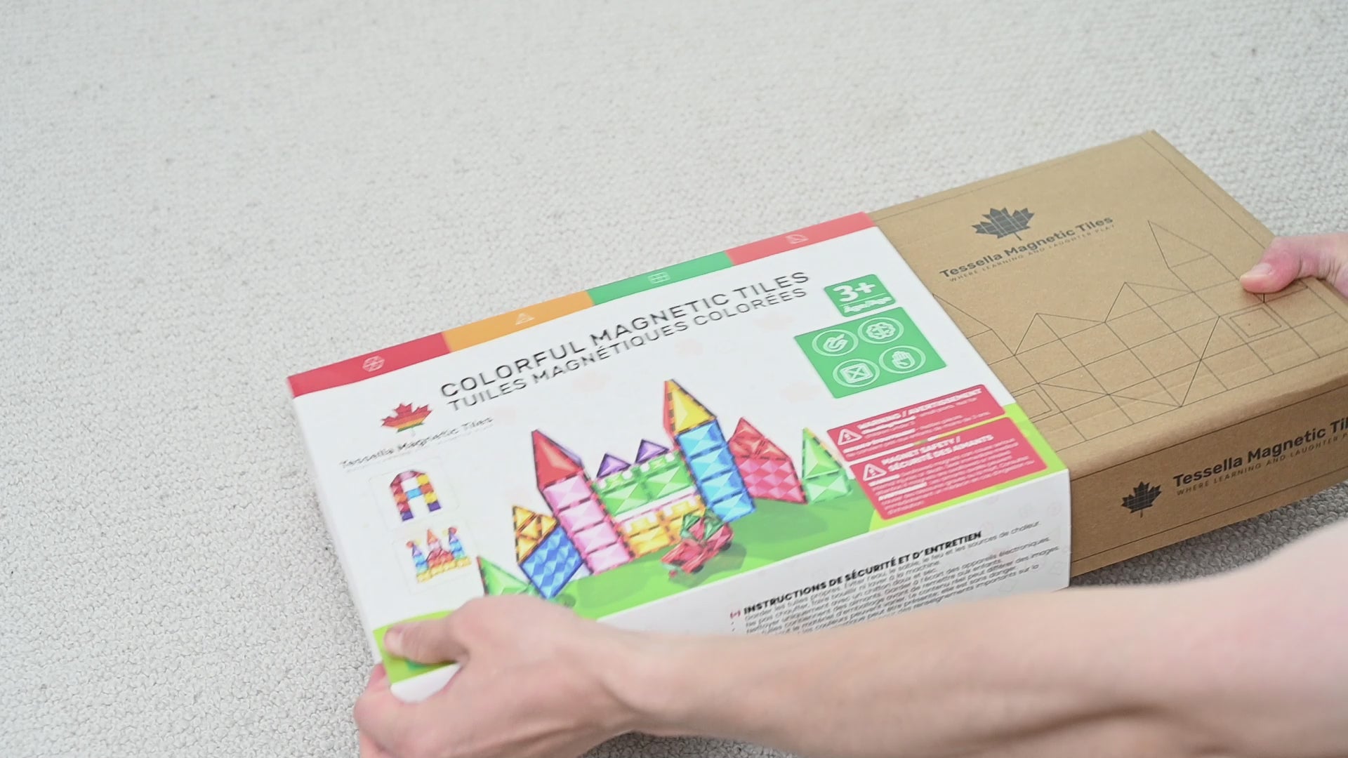 Unboxing video of Tessella Master Set – 106 Piece Magnetic Tiles, Canadian STEM educational toy for kids ages 3+, showing retail packaging and contents.