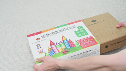 Unboxing video of Tessella Master Set – 106 Piece Magnetic Tiles, Canadian STEM educational toy for kids ages 3+, showing retail packaging and contents.