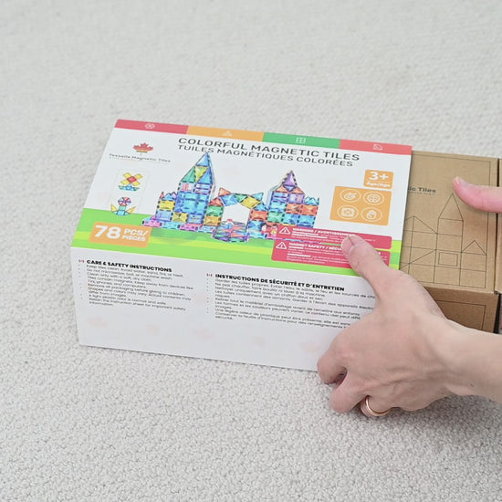 Unboxing video of Tessella Explorer Set – 78 Piece Magnetic Tiles, Canadian STEM educational toy for kids ages 3+, showing retail packaging and contents.