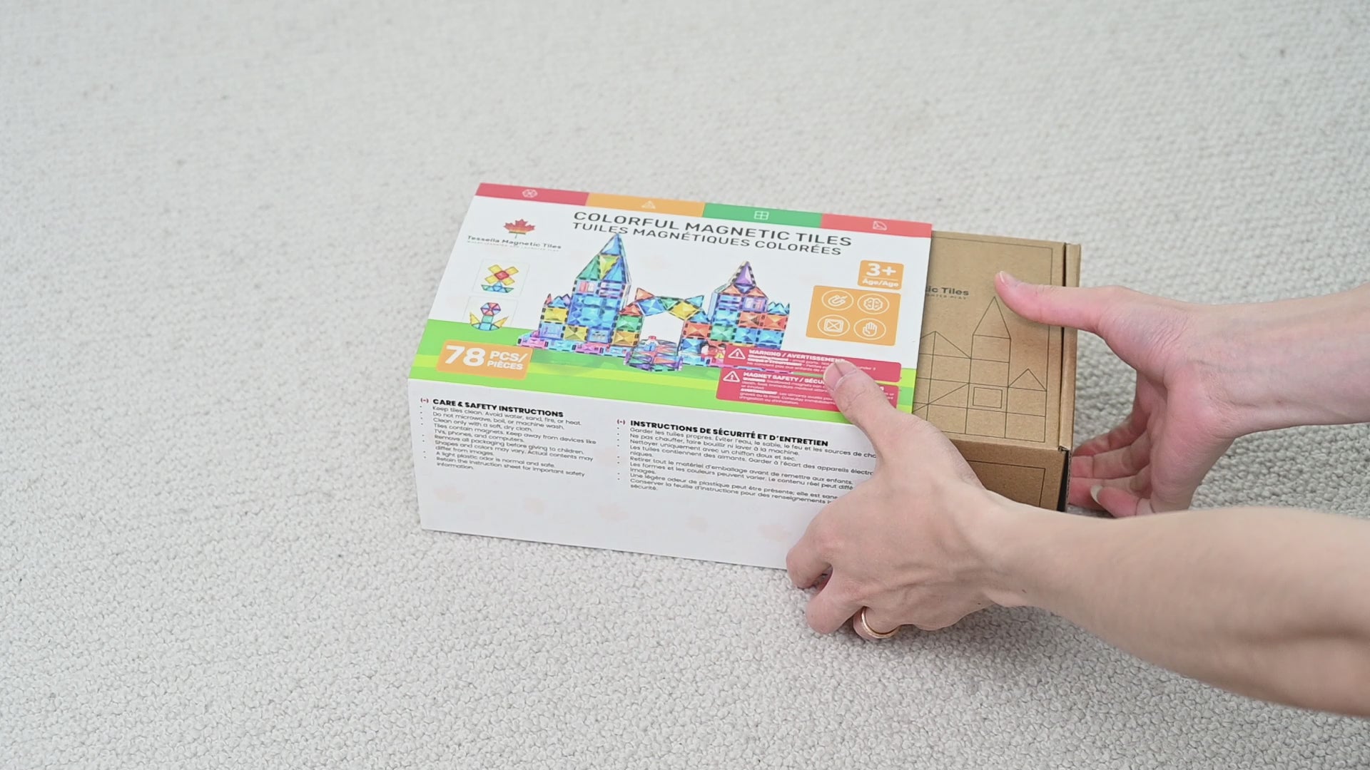 Unboxing video of Tessella Explorer Set – 78 Piece Magnetic Tiles, Canadian STEM educational toy for kids ages 3+, showing retail packaging and contents.