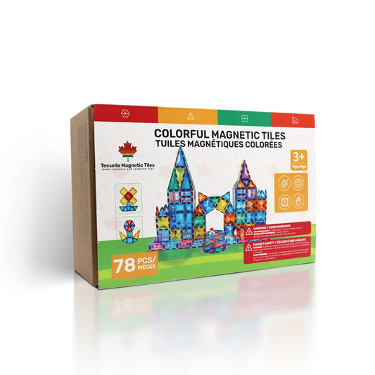 Tessella Explorer Set – 78 Piece Magnetic Tiles box packaging with colorful castle build, STEM educational toy for kids ages 3+, Canadian brand.