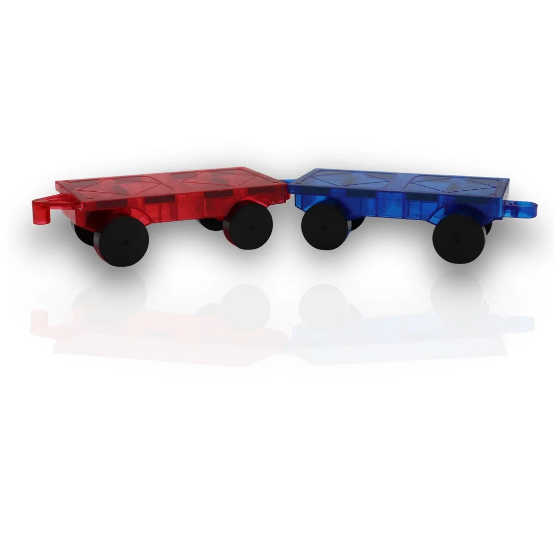 Tessella Magnetic Tiles Car Base Set – 2 Pack with Wheels, red and blue magnetic car bases for kids STEM building play, compatible with Tessella, Connetix, PicassoTiles and Magna-Tiles