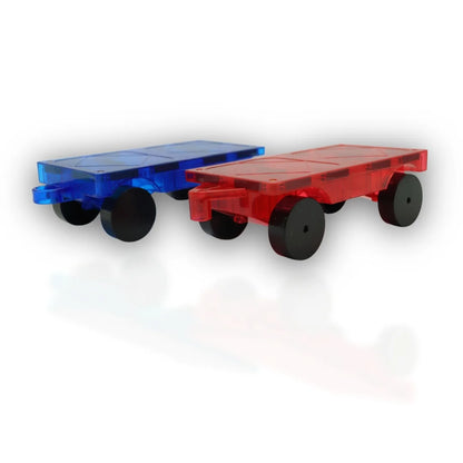 Tessella Magnetic Tiles Car Base Set – 2 Pack with Wheels, red and blue magnetic car bases for kids STEM and STEAM building play, compatible with Tessella, Connetix, PicassoTiles and Magna-Tiles
