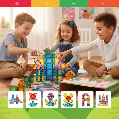 Children playing together with Tessella Magnetic Tiles, building colorful castle structures, STEM educational toy for kids ages 3+, compatible with Connetix, PicassoTiles, Magna-Tiles.