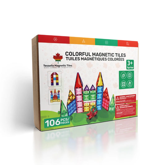 Tessella Master Set – 106 Piece Magnetic Tiles box packaging with colorful castle build, STEM educational toy for kids ages 3+, Canadian brand.