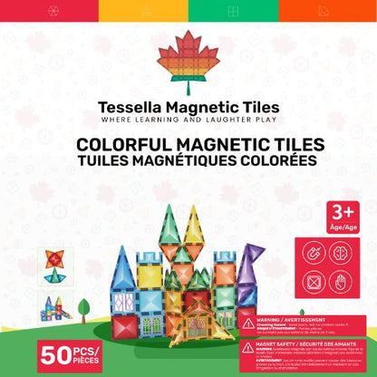 Front packaging of Tessella Spark Set – 50 Piece Magnetic Tiles, Canadian STEM educational toy for kids ages 3+.