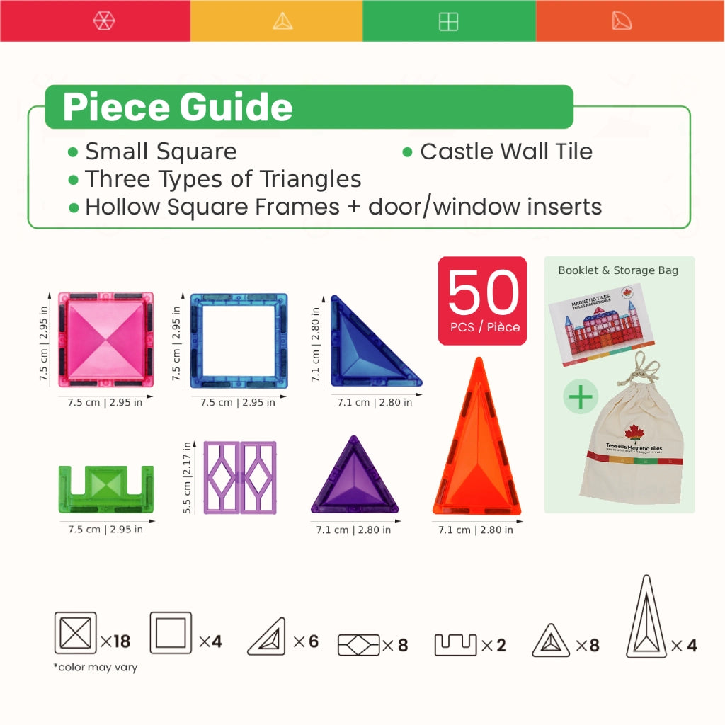 Piece guide of Tessella Spark Set – 50 Piece Magnetic Tiles showing small squares, triangles, castle wall tiles, window inserts, storage bag, and booklet.