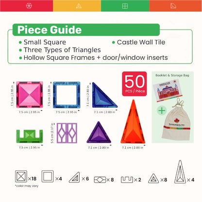 Piece guide of Tessella Spark Set – 50 Piece Magnetic Tiles showing small squares, triangles, castle wall tiles, window inserts, storage bag, and booklet.