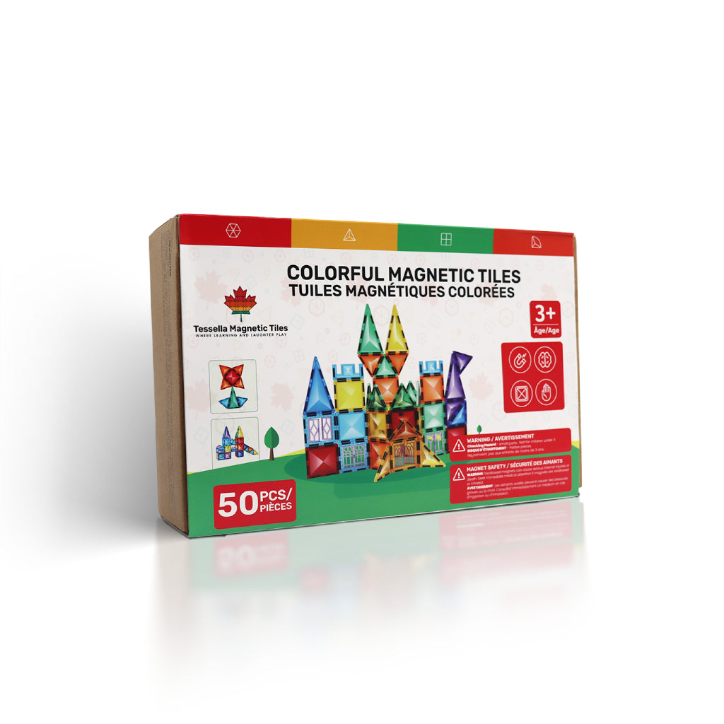 Tessella Spark Set – 50 Piece Magnetic Tiles box packaging with colorful castle build for kids ages 3+, STEM toy compatible with Connetix, PicassoTiles, Magna-Tiles